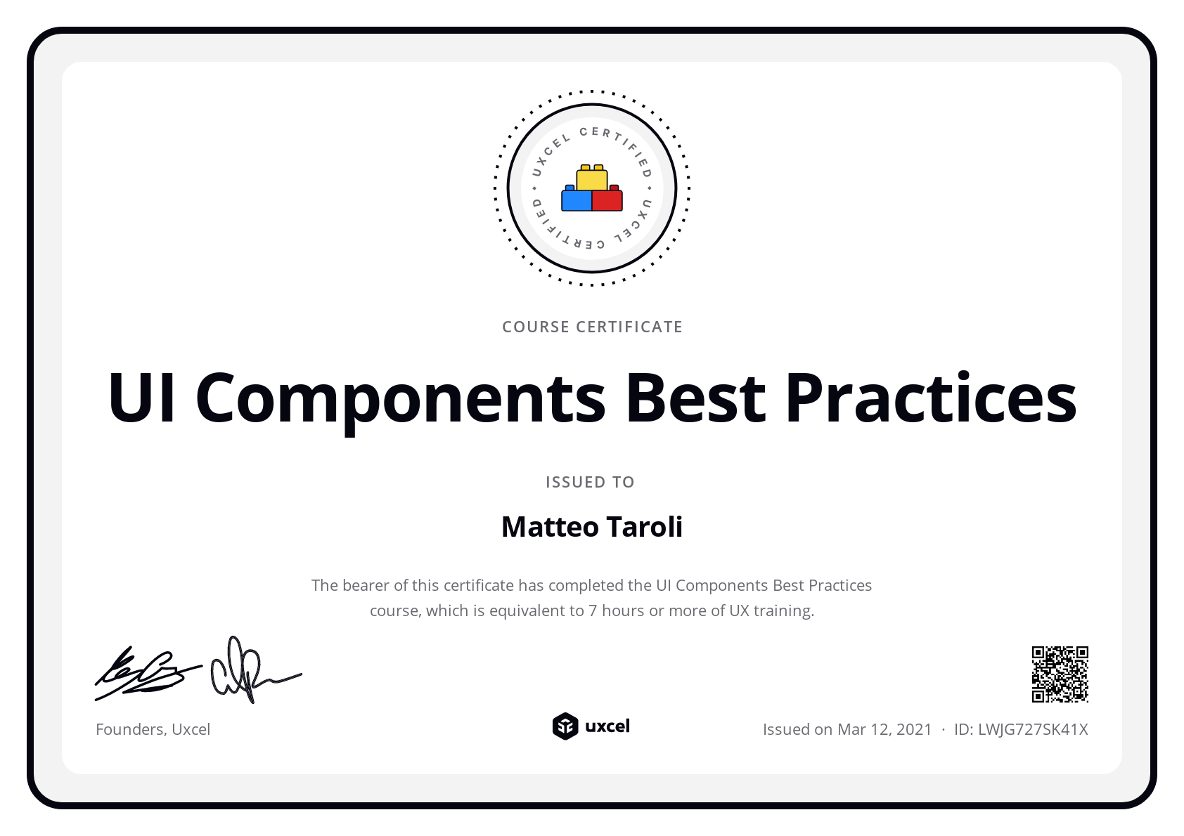 Matteo Taroli's certificate